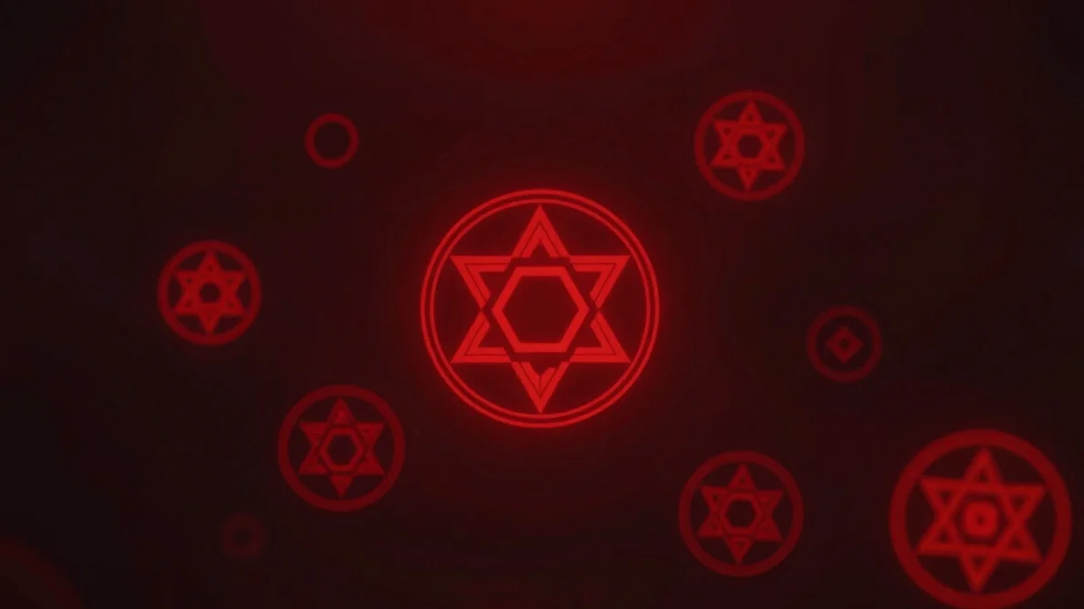 Dark red digital artwork showing mysterious geometric symbols and glowing crimson sigils floating in deep shadows