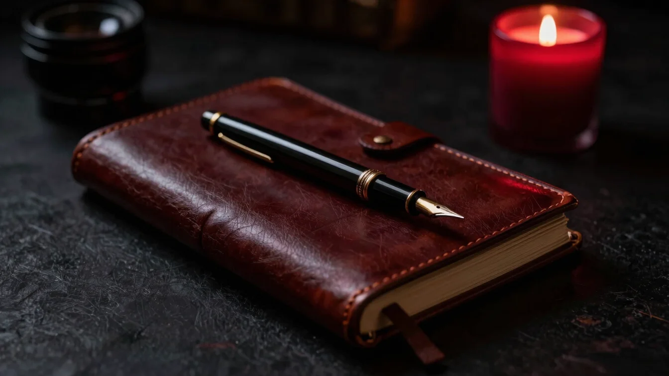 Moody study desk with vintage leather journal, antique fountain pen, and subtle dark red candle glow