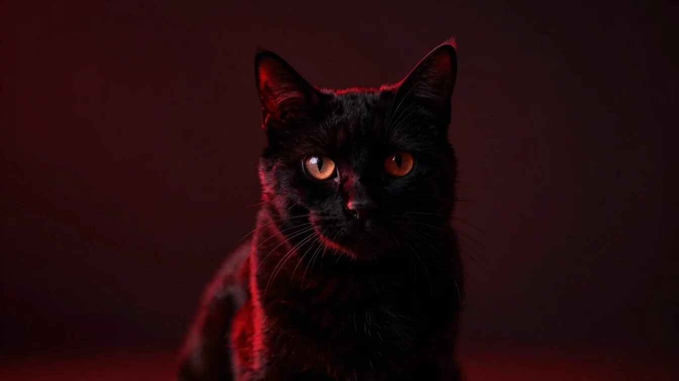 Dramatic atmospheric portrait of a black cat illuminated by soft crimson side lighting, cinematic dark background