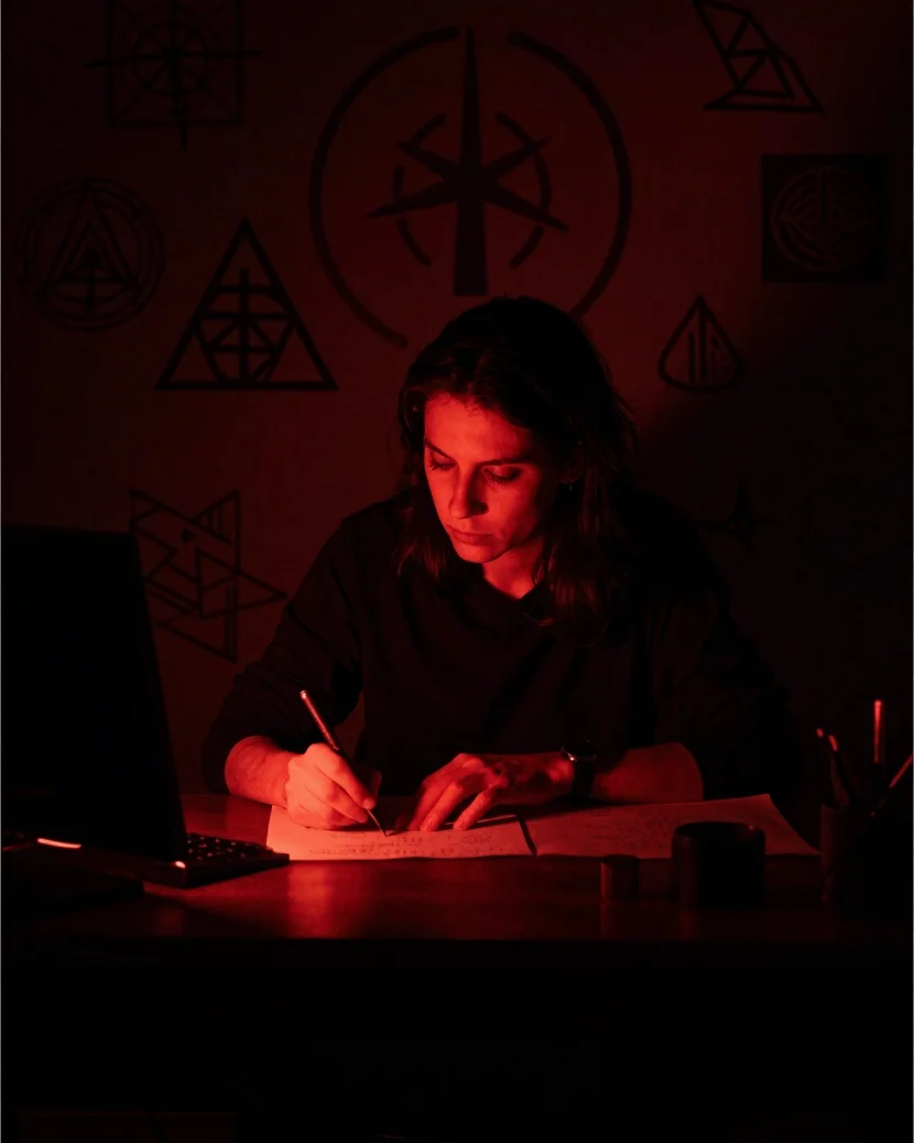 Moody self-portrait of an artist working at a desk, illuminated b