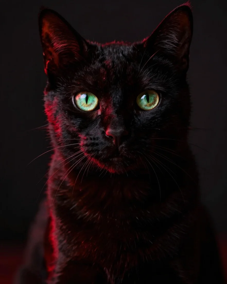 Dramatic portrait of a black cat with piercing green eyes, rim-lit with crimson accent lighting, deep black shadows, 35m