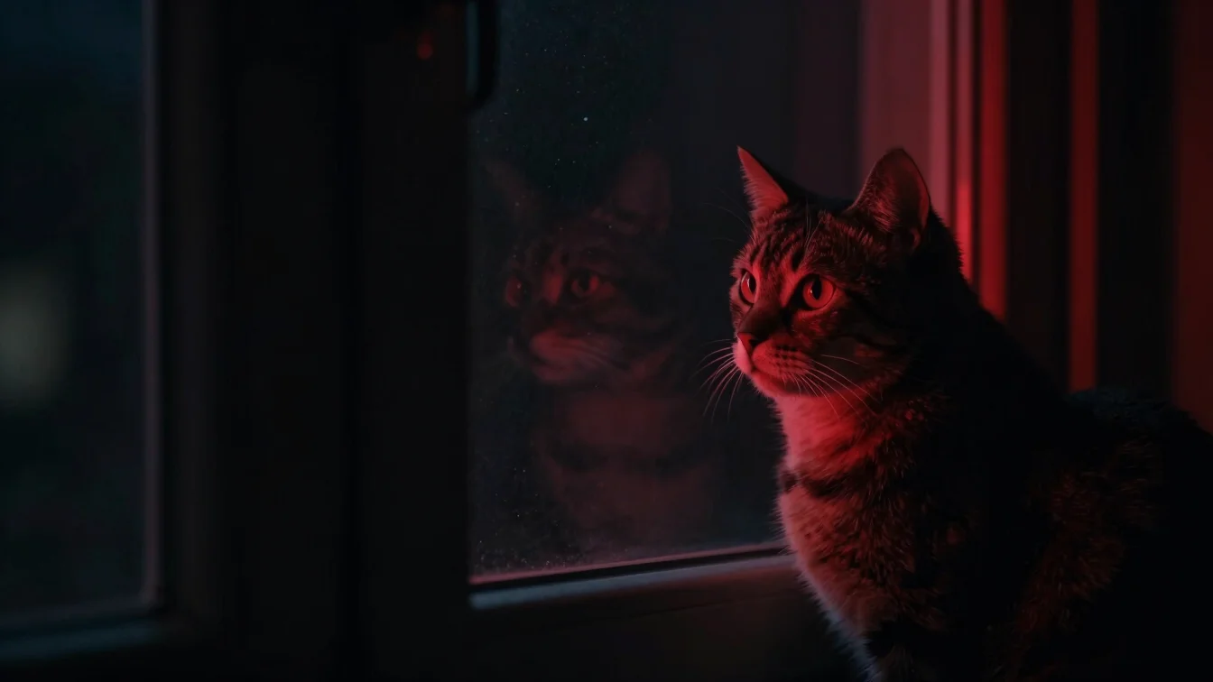 Moody video still of a cat gazing out a window at night, crimson light reflecting in its eyes, deep black shadows.
