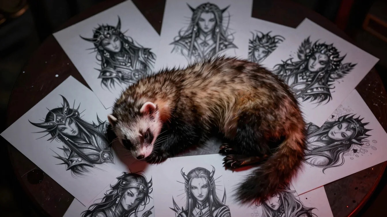 Overhead shot of a desk with a sleeping ferret, surrounded by AI art sketches, dark-room contrast, moody editorial.