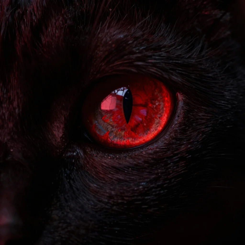 Dramatic macro close-up of a cat's eye, reflecting crimson light,