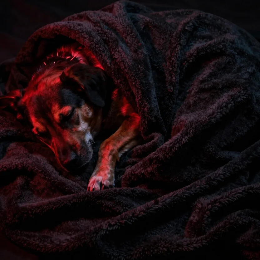 Overhead view of a sleeping pet, soft rim lighting, textured dark