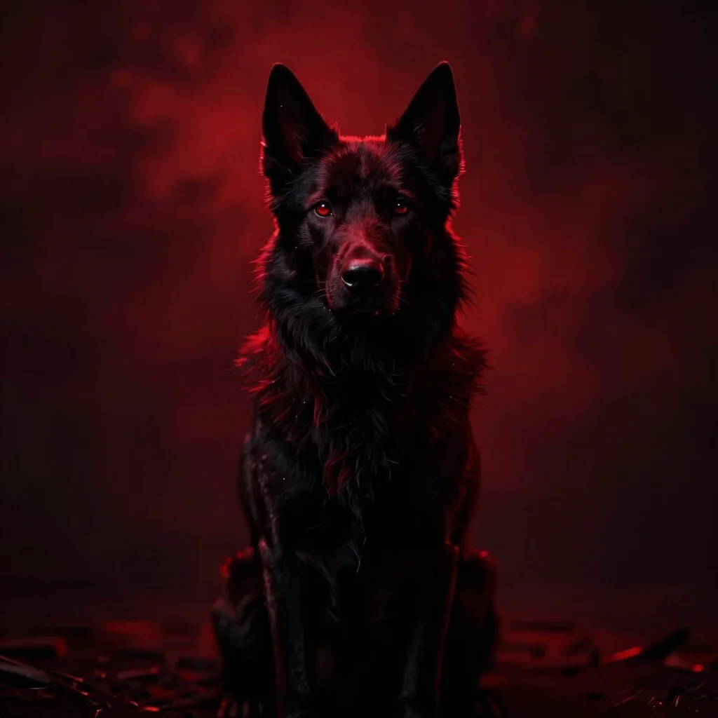AI-generated art, ethereal canine spirit, atmospheric, dark red a