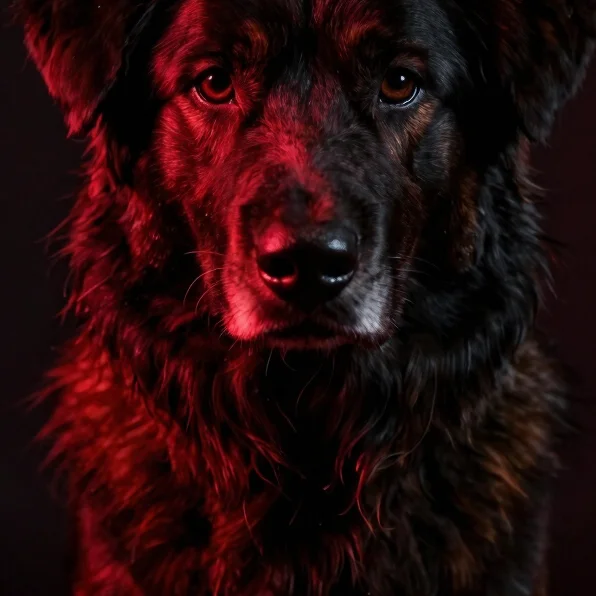 Atmospheric portrait of a dark-furred dog, rich crimson accent li